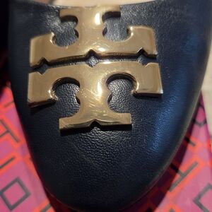 Tory Burch Navy Leather Heels with Gold Logo.